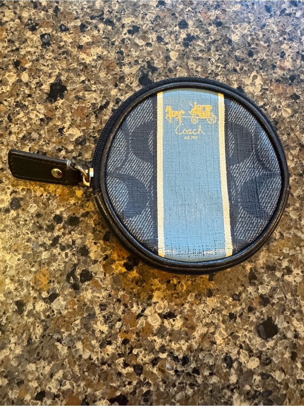 Coach Round Coin Pouch in Blue and Cream Varsity Stripe